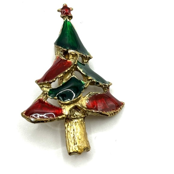 Vintage Christmas Brooch 5 Holly & Jingle Bells Santa Reindeer Tree Pin Lot - Picture 5 of 14